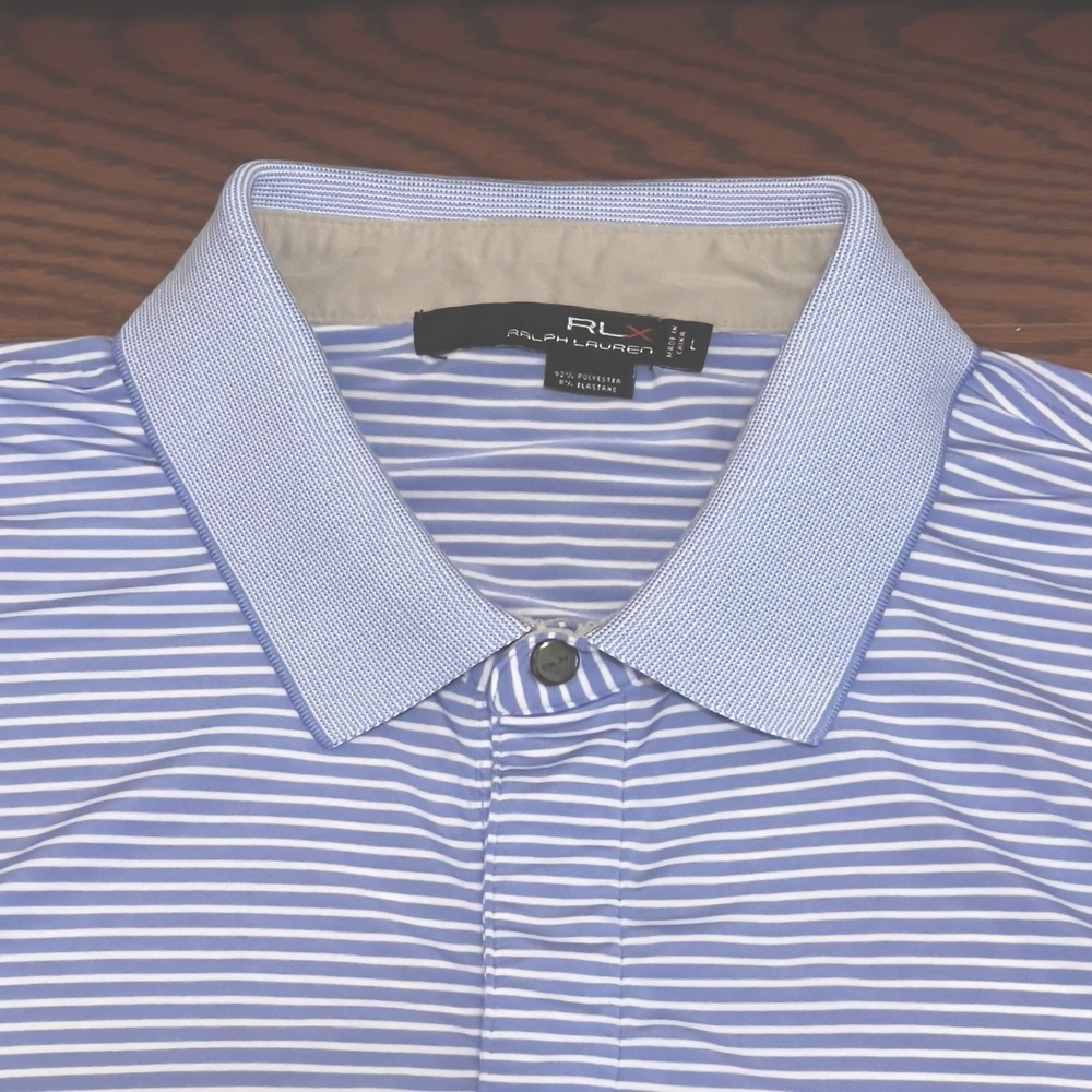 RLX Ralph Lauren Polo Shirt Mens Large Blue Striped Excellent Whisper Rock Golf